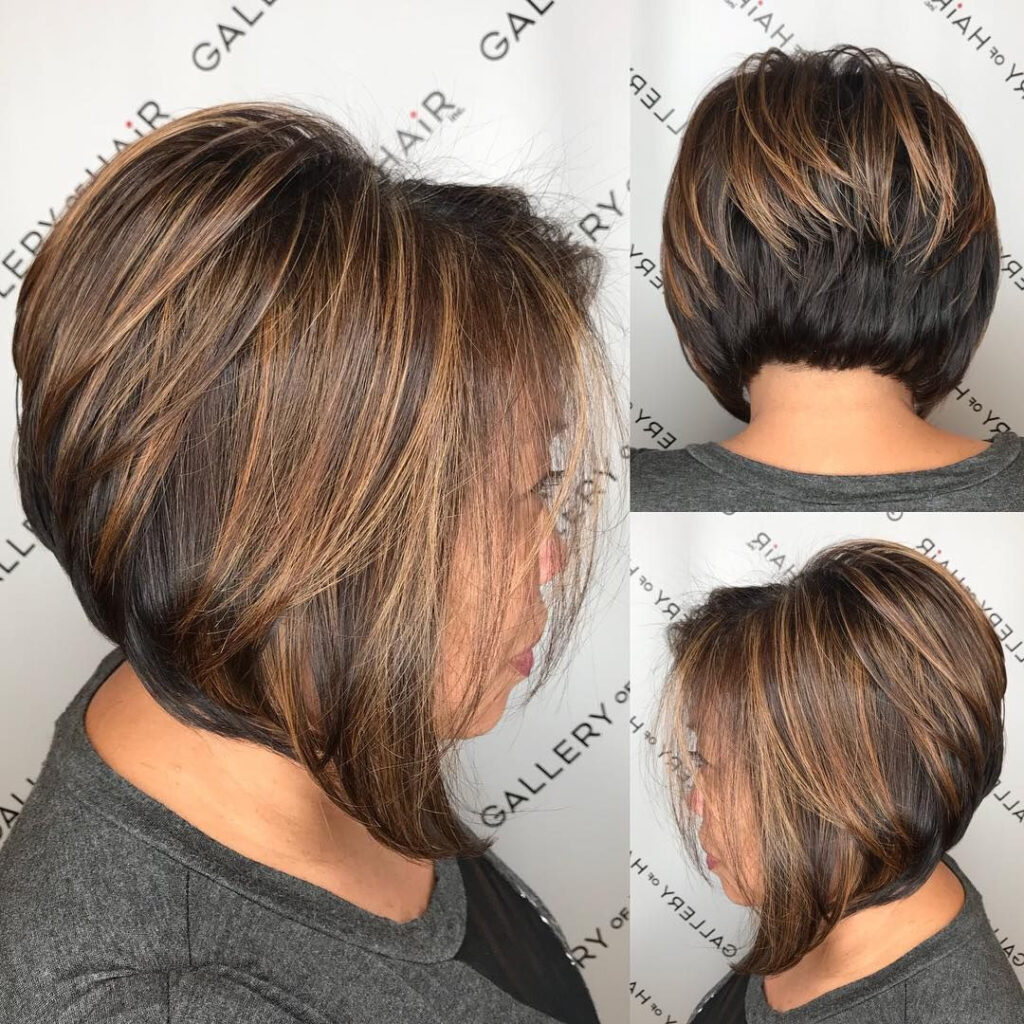 Brown curved bob with highlights